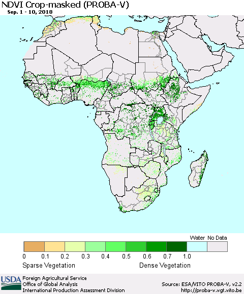 Africa NDVI Crop-masked (PROBA-V) Thematic Map For 9/1/2018 - 9/10/2018