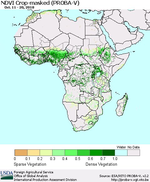Africa NDVI Crop-masked (PROBA-V) Thematic Map For 10/11/2018 - 10/20/2018