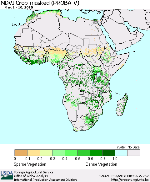 Africa NDVI Crop-masked (PROBA-V) Thematic Map For 3/1/2019 - 3/10/2019