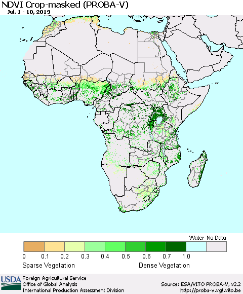 Africa NDVI Crop-masked (PROBA-V) Thematic Map For 7/1/2019 - 7/10/2019