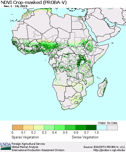 Africa NDVI Crop-masked (PROBA-V) Thematic Map For 11/1/2019 - 11/10/2019