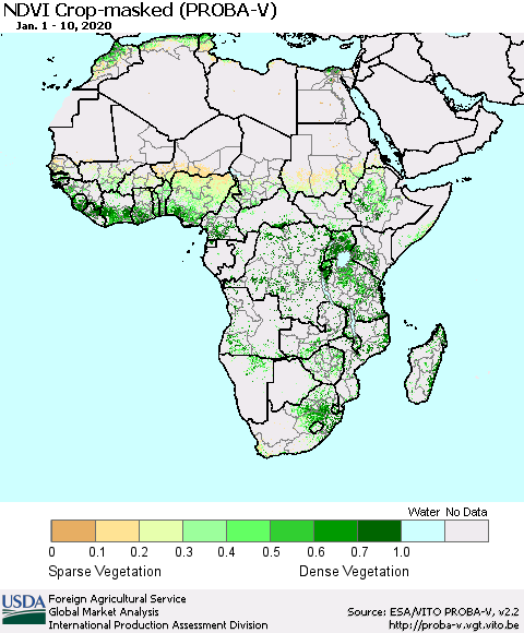 Africa NDVI Crop-masked (PROBA-V) Thematic Map For 1/1/2020 - 1/10/2020