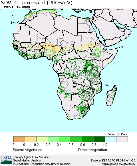 Africa NDVI Crop-masked (PROBA-V) Thematic Map For 3/1/2020 - 3/10/2020
