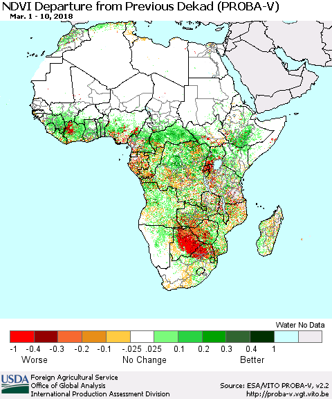 Africa NDVI Departure from Previous Dekad (PROBA-V) Thematic Map For 3/1/2018 - 3/10/2018