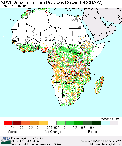 Africa NDVI Departure from Previous Dekad (PROBA-V) Thematic Map For 3/11/2018 - 3/20/2018