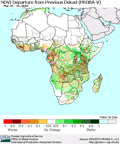 Africa NDVI Departure from Previous Dekad (PROBA-V) Thematic Map For 3/21/2018 - 3/31/2018
