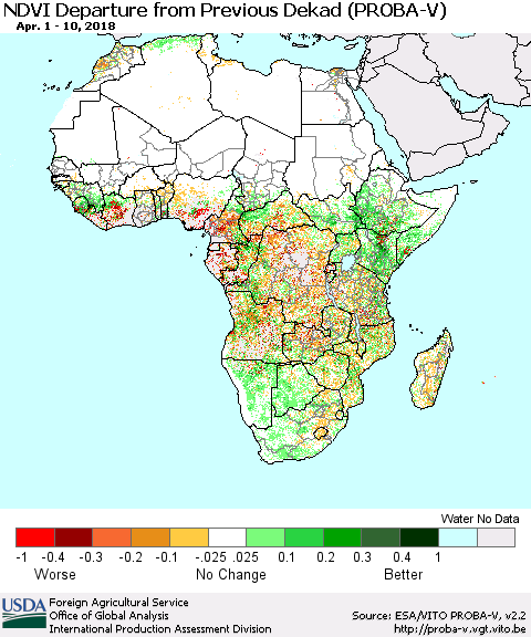 Africa NDVI Departure from Previous Dekad (PROBA-V) Thematic Map For 4/1/2018 - 4/10/2018