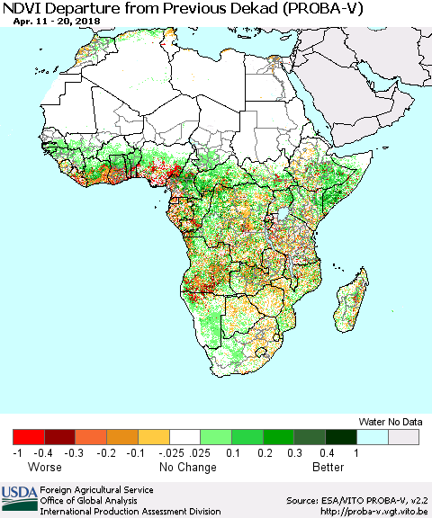 Africa NDVI Departure from Previous Dekad (PROBA-V) Thematic Map For 4/11/2018 - 4/20/2018