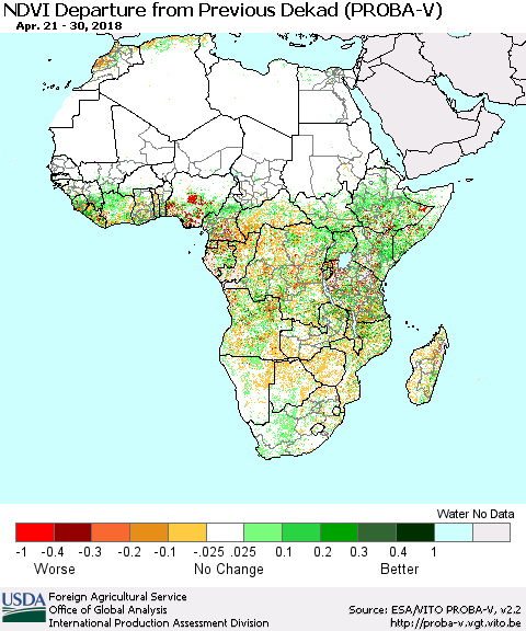 Africa NDVI Departure from Previous Dekad (PROBA-V) Thematic Map For 4/21/2018 - 4/30/2018