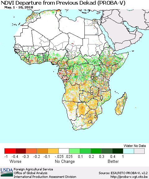Africa NDVI Departure from Previous Dekad (PROBA-V) Thematic Map For 5/1/2018 - 5/10/2018