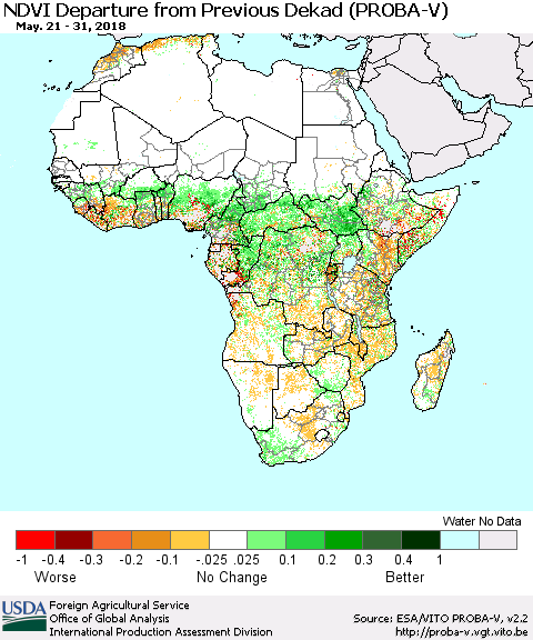 Africa NDVI Departure from Previous Dekad (PROBA-V) Thematic Map For 5/21/2018 - 5/31/2018