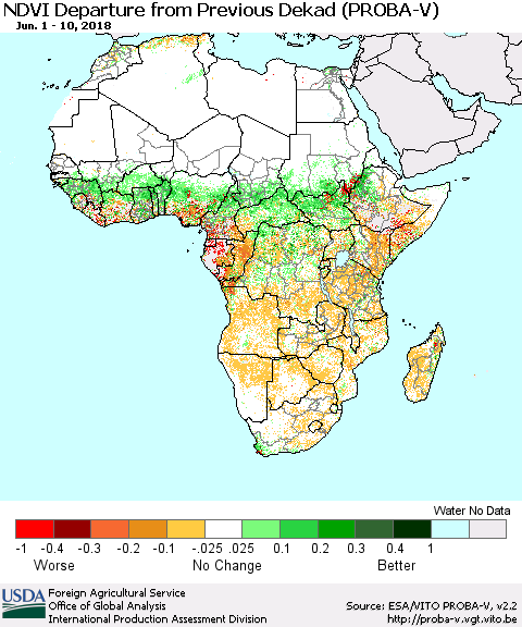Africa NDVI Departure from Previous Dekad (PROBA-V) Thematic Map For 6/1/2018 - 6/10/2018