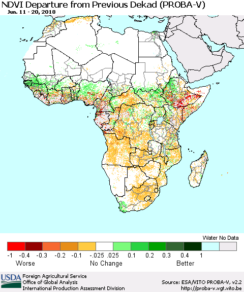 Africa NDVI Departure from Previous Dekad (PROBA-V) Thematic Map For 6/11/2018 - 6/20/2018