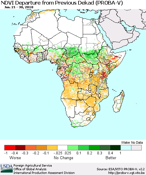 Africa NDVI Departure from Previous Dekad (PROBA-V) Thematic Map For 6/21/2018 - 6/30/2018
