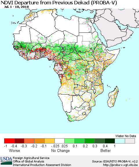Africa NDVI Departure from Previous Dekad (PROBA-V) Thematic Map For 7/1/2018 - 7/10/2018