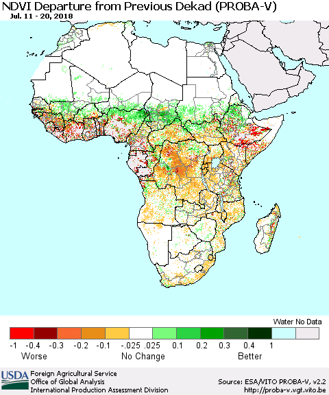 Africa NDVI Departure from Previous Dekad (PROBA-V) Thematic Map For 7/11/2018 - 7/20/2018
