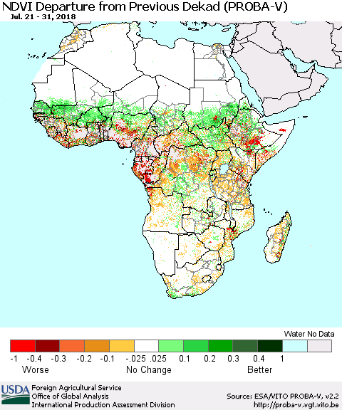 Africa NDVI Departure from Previous Dekad (PROBA-V) Thematic Map For 7/21/2018 - 7/31/2018