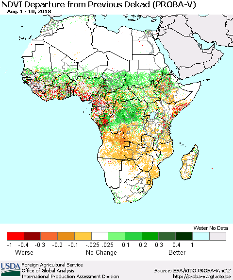 Africa NDVI Departure from Previous Dekad (PROBA-V) Thematic Map For 8/1/2018 - 8/10/2018