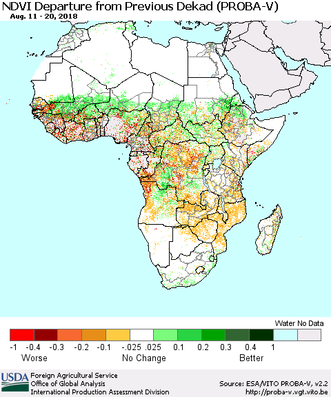 Africa NDVI Departure from Previous Dekad (PROBA-V) Thematic Map For 8/11/2018 - 8/20/2018