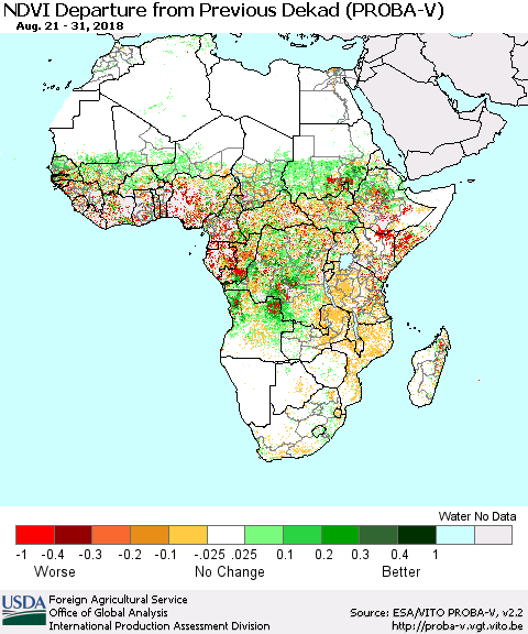 Africa NDVI Departure from Previous Dekad (PROBA-V) Thematic Map For 8/21/2018 - 8/31/2018