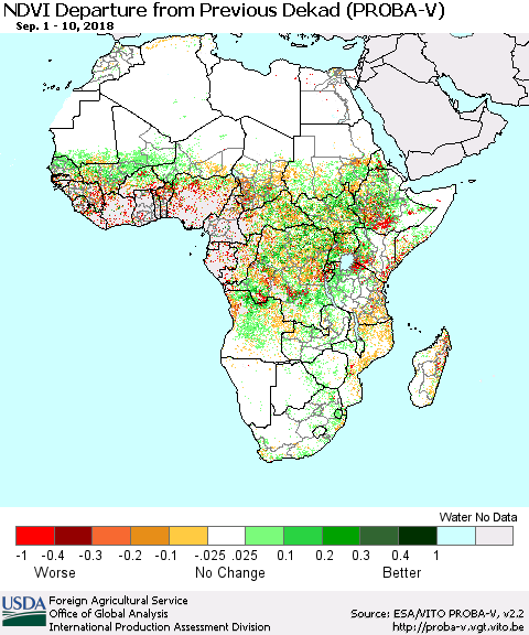 Africa NDVI Departure from Previous Dekad (PROBA-V) Thematic Map For 9/1/2018 - 9/10/2018