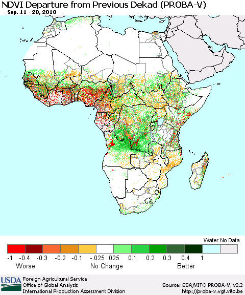 Africa NDVI Departure from Previous Dekad (PROBA-V) Thematic Map For 9/11/2018 - 9/20/2018