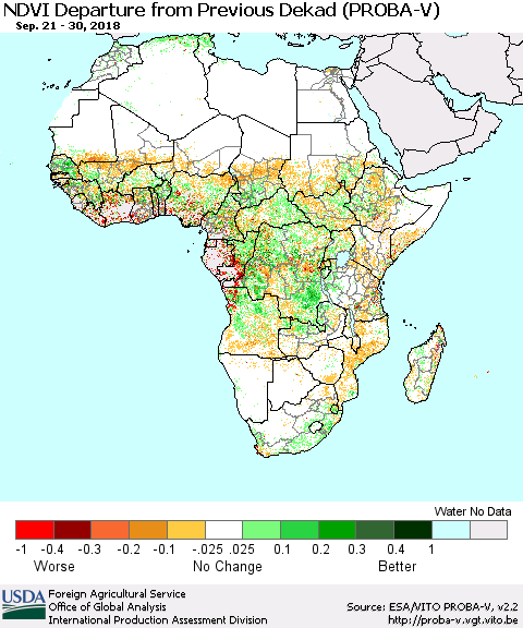 Africa NDVI Departure from Previous Dekad (PROBA-V) Thematic Map For 9/21/2018 - 9/30/2018
