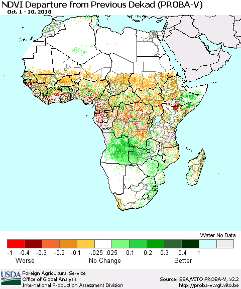Africa NDVI Departure from Previous Dekad (PROBA-V) Thematic Map For 10/1/2018 - 10/10/2018