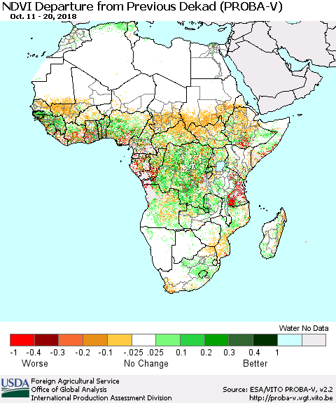 Africa NDVI Departure from Previous Dekad (PROBA-V) Thematic Map For 10/11/2018 - 10/20/2018