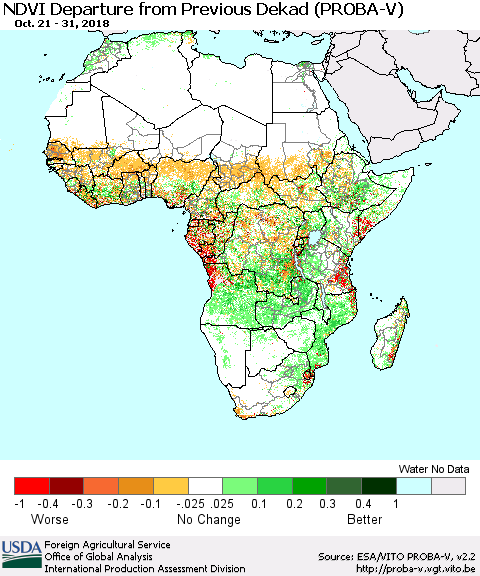 Africa NDVI Departure from Previous Dekad (PROBA-V) Thematic Map For 10/21/2018 - 10/31/2018
