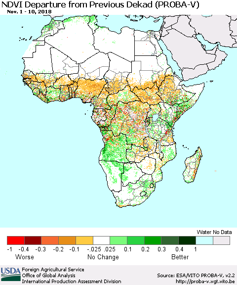 Africa NDVI Departure from Previous Dekad (PROBA-V) Thematic Map For 11/1/2018 - 11/10/2018