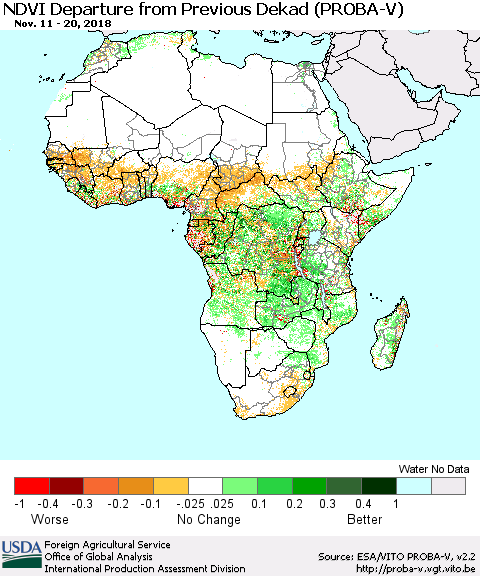 Africa NDVI Departure from Previous Dekad (PROBA-V) Thematic Map For 11/11/2018 - 11/20/2018