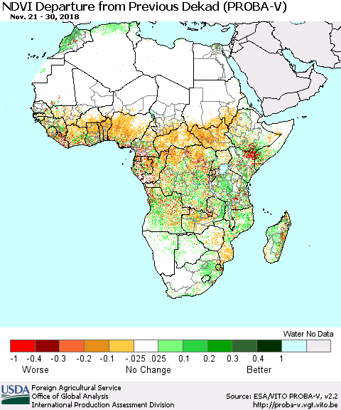 Africa NDVI Departure from Previous Dekad (PROBA-V) Thematic Map For 11/21/2018 - 11/30/2018