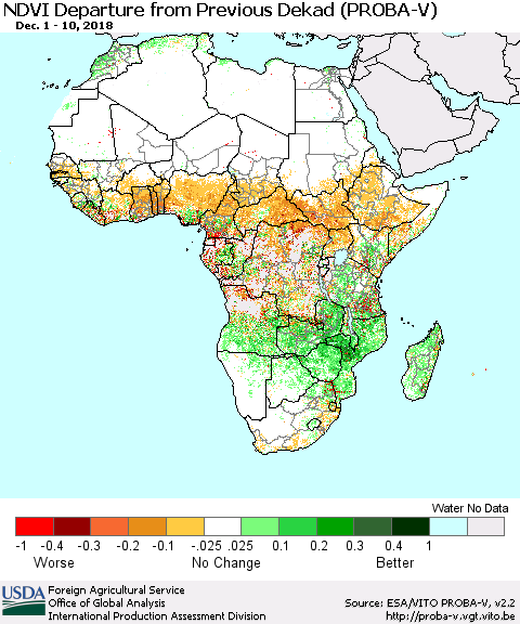Africa NDVI Departure from Previous Dekad (PROBA-V) Thematic Map For 12/1/2018 - 12/10/2018