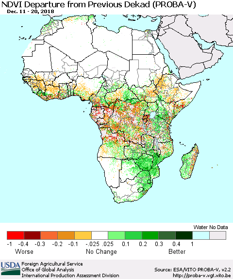Africa NDVI Departure from Previous Dekad (PROBA-V) Thematic Map For 12/11/2018 - 12/20/2018