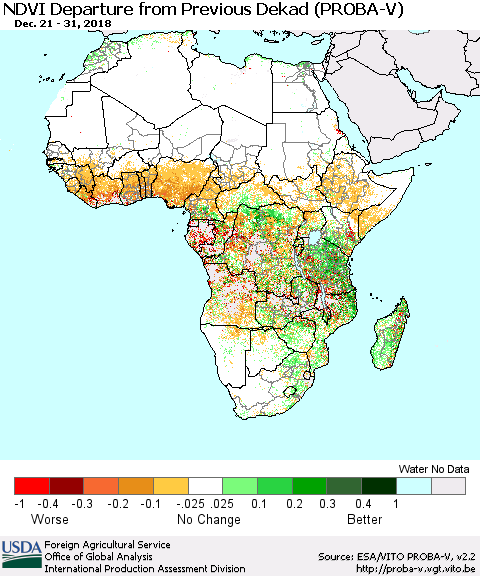 Africa NDVI Departure from Previous Dekad (PROBA-V) Thematic Map For 12/21/2018 - 12/31/2018