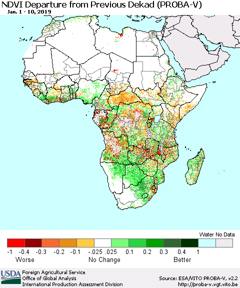 Africa NDVI Departure from Previous Dekad (PROBA-V) Thematic Map For 1/1/2019 - 1/10/2019