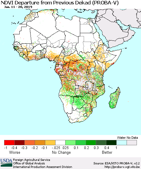 Africa NDVI Departure from Previous Dekad (PROBA-V) Thematic Map For 1/11/2019 - 1/20/2019