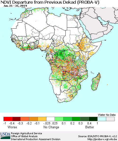 Africa NDVI Departure from Previous Dekad (PROBA-V) Thematic Map For 1/21/2019 - 1/31/2019