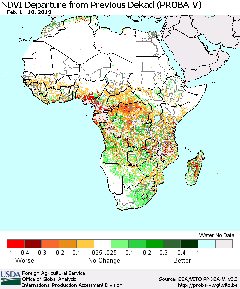 Africa NDVI Departure from Previous Dekad (PROBA-V) Thematic Map For 2/1/2019 - 2/10/2019