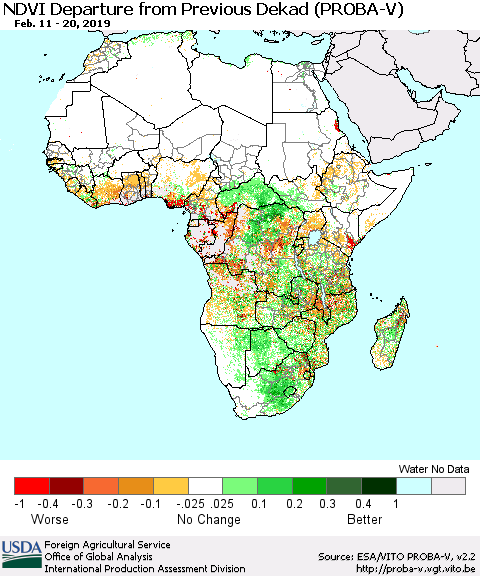 Africa NDVI Departure from Previous Dekad (PROBA-V) Thematic Map For 2/11/2019 - 2/20/2019