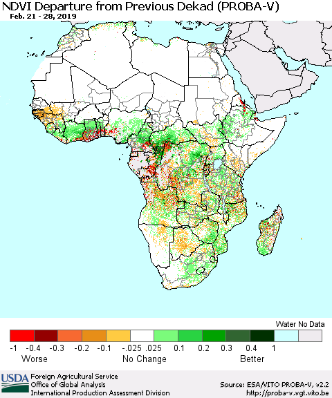 Africa NDVI Departure from Previous Dekad (PROBA-V) Thematic Map For 2/21/2019 - 2/28/2019