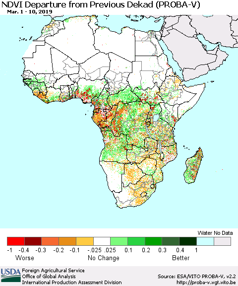 Africa NDVI Departure from Previous Dekad (PROBA-V) Thematic Map For 3/1/2019 - 3/10/2019