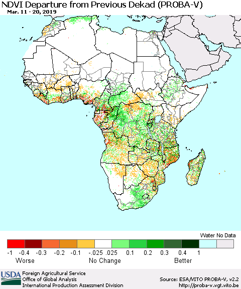 Africa NDVI Departure from Previous Dekad (PROBA-V) Thematic Map For 3/11/2019 - 3/20/2019