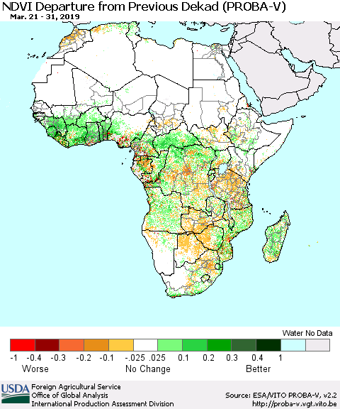 Africa NDVI Departure from Previous Dekad (PROBA-V) Thematic Map For 3/21/2019 - 3/31/2019