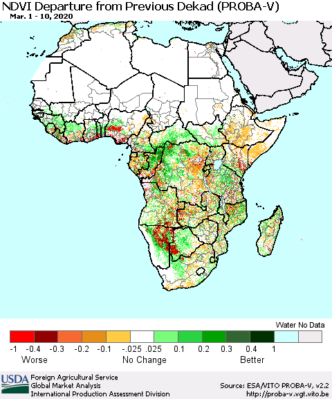 Africa NDVI Departure from Previous Dekad (PROBA-V) Thematic Map For 3/1/2020 - 3/10/2020