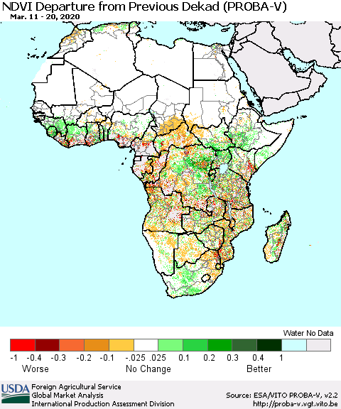 Africa NDVI Departure from Previous Dekad (PROBA-V) Thematic Map For 3/11/2020 - 3/20/2020