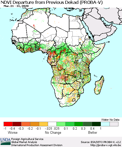 Africa NDVI Departure from Previous Dekad (PROBA-V) Thematic Map For 3/21/2020 - 3/31/2020