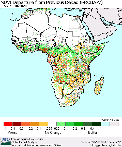 Africa NDVI Departure from Previous Dekad (PROBA-V) Thematic Map For 4/1/2020 - 4/10/2020