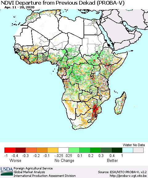 Africa NDVI Departure from Previous Dekad (PROBA-V) Thematic Map For 4/11/2020 - 4/20/2020